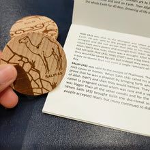 Load image into Gallery viewer, coin with its corresponding text in the booklet in the Story magnets prophets named in the Qura&#39;an set. Islamic educational toy.
