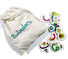 Load image into Gallery viewer, Urdu letter magnets. sample of magnets on a white background randomly placed with zubaan learning cotton carry bag.
